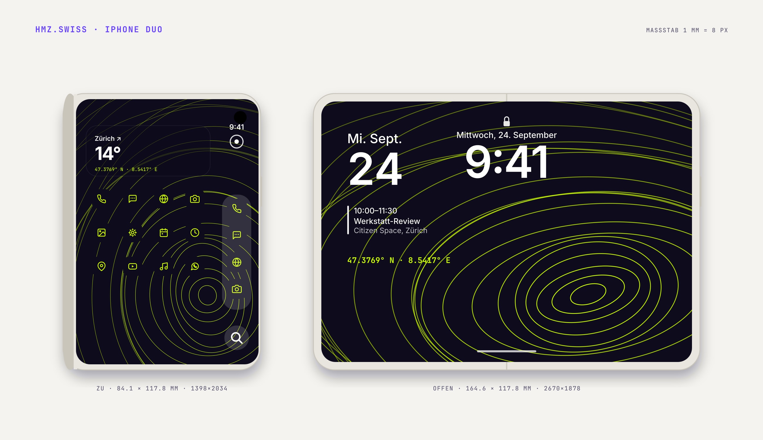 iPhone Duo mit HMZ Icons und Wallpapers, Aussen- und Innenscreen