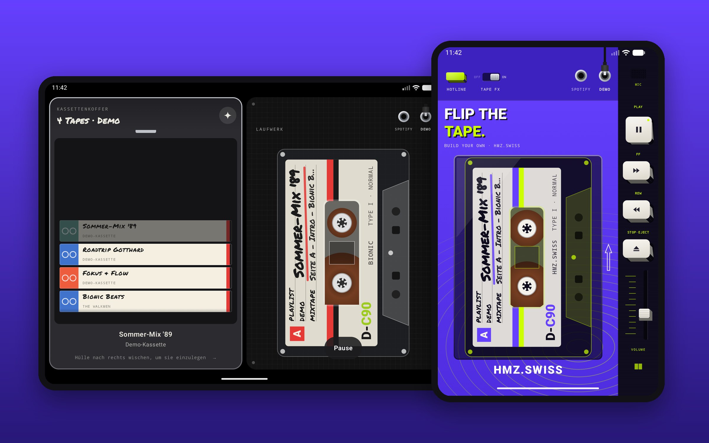 Bionic Walkman auf dem Galaxy Z Fold 8: innen der Kassettenkoffer mit Laufwerk, aussen der Walkman im HMZ-Skin